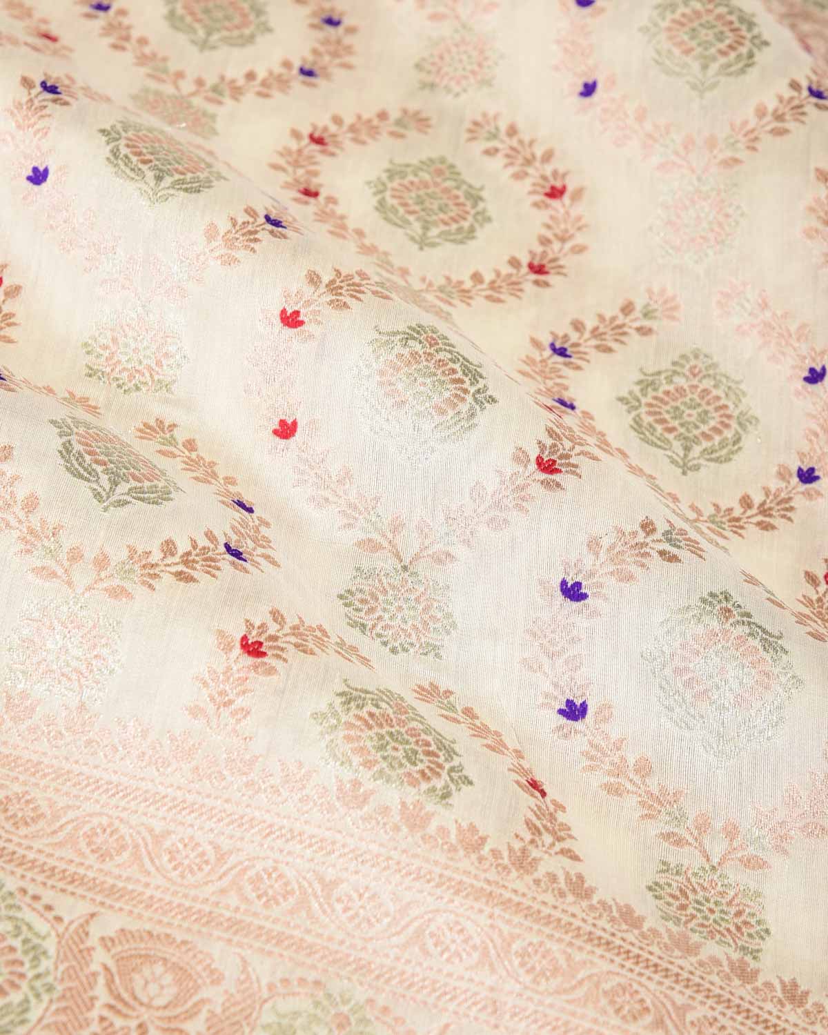 Ivory White Gold & Silver Zari with Meenekari Cutwork Brocade Woven Spun Silk Banarasi Saree