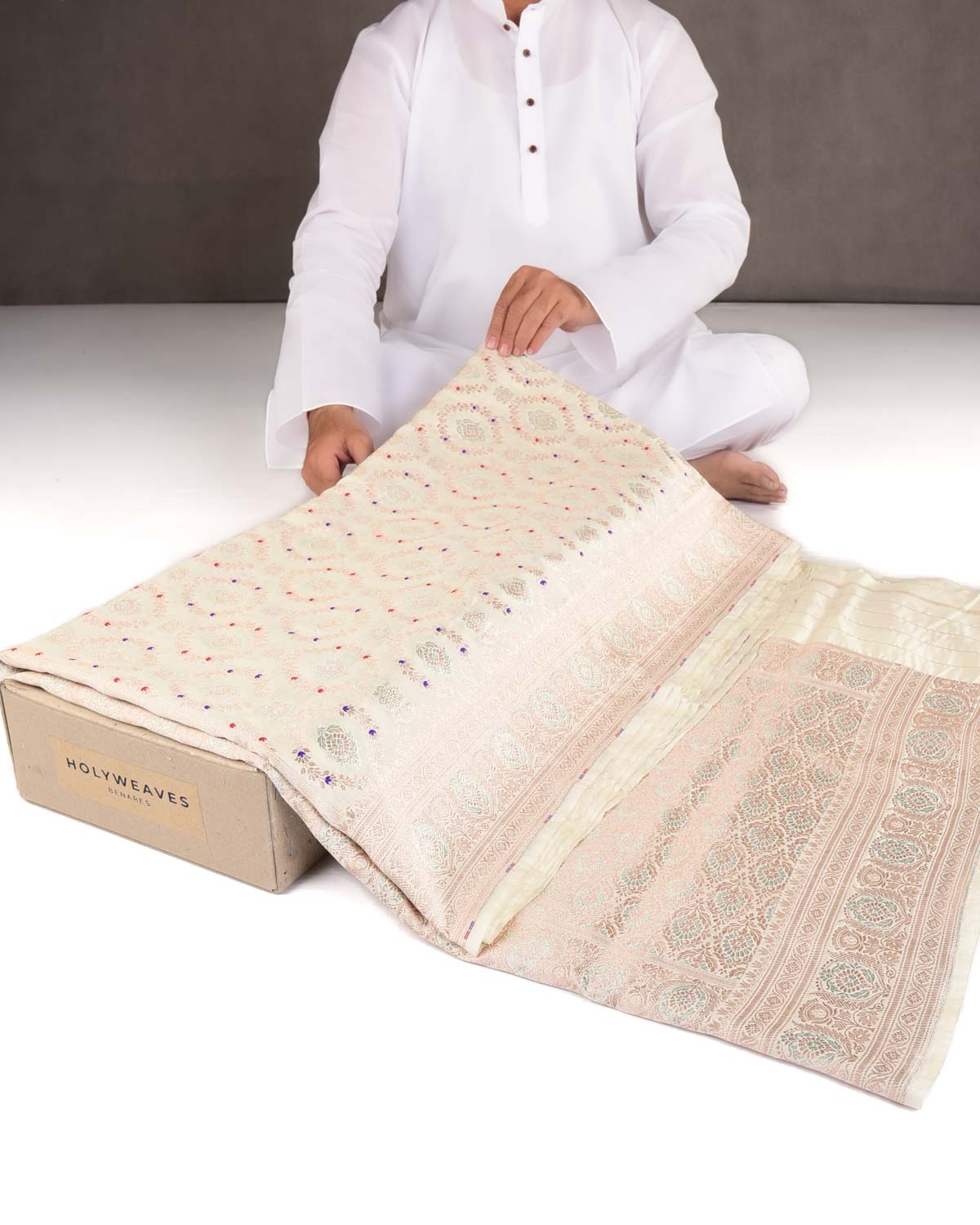 Ivory White Gold & Silver Zari with Meenekari Cutwork Brocade Woven Spun Silk Banarasi Saree-HolyWeaves