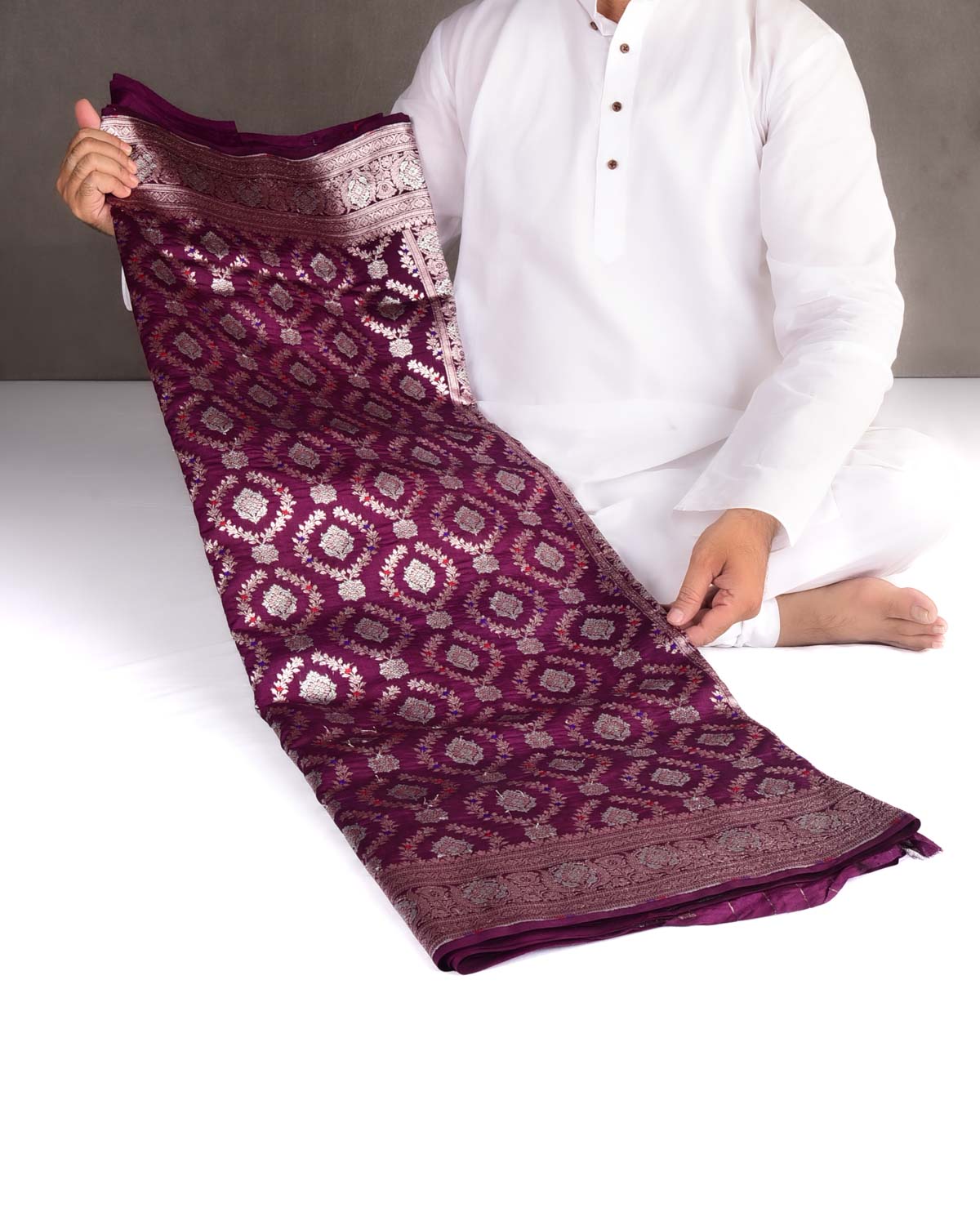 Purple Gold & Silver Zari with Meenekari Cutwork Brocade Woven Spun Silk Banarasi Saree