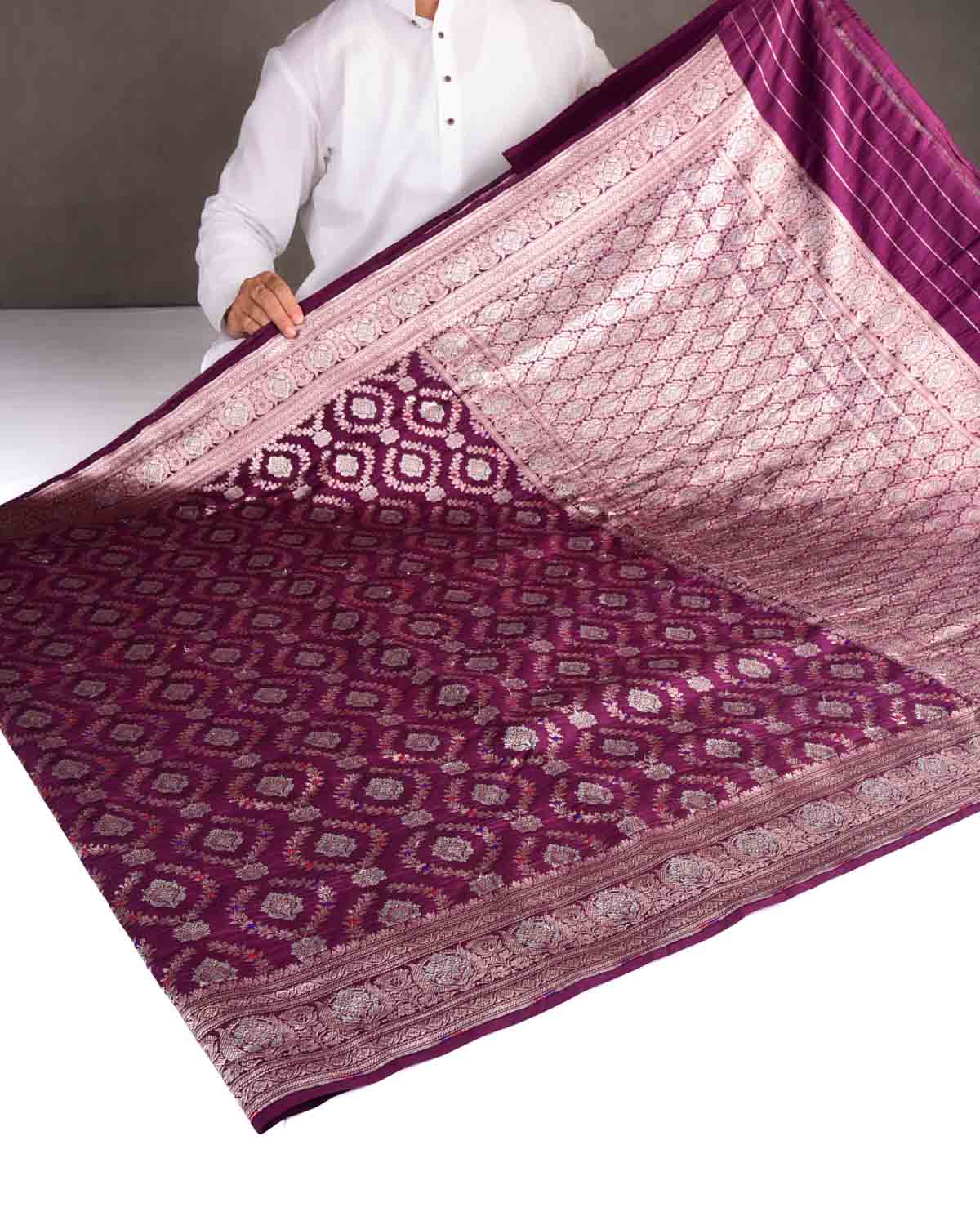 Purple Gold & Silver Zari with Meenekari Cutwork Brocade Woven Spun Silk Banarasi Saree