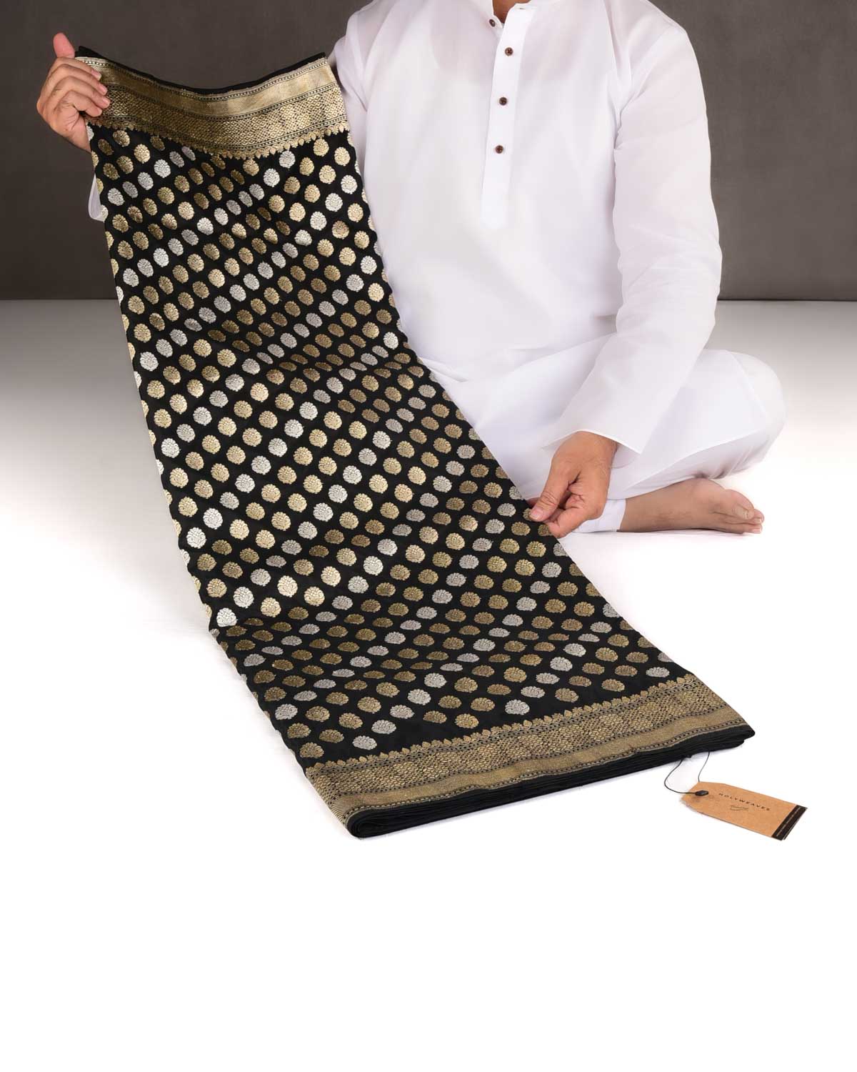 Black Gold & Silver Zari Kadhuan Brocade Handwoven Katan Silk Banarasi Saree-HolyWeaves