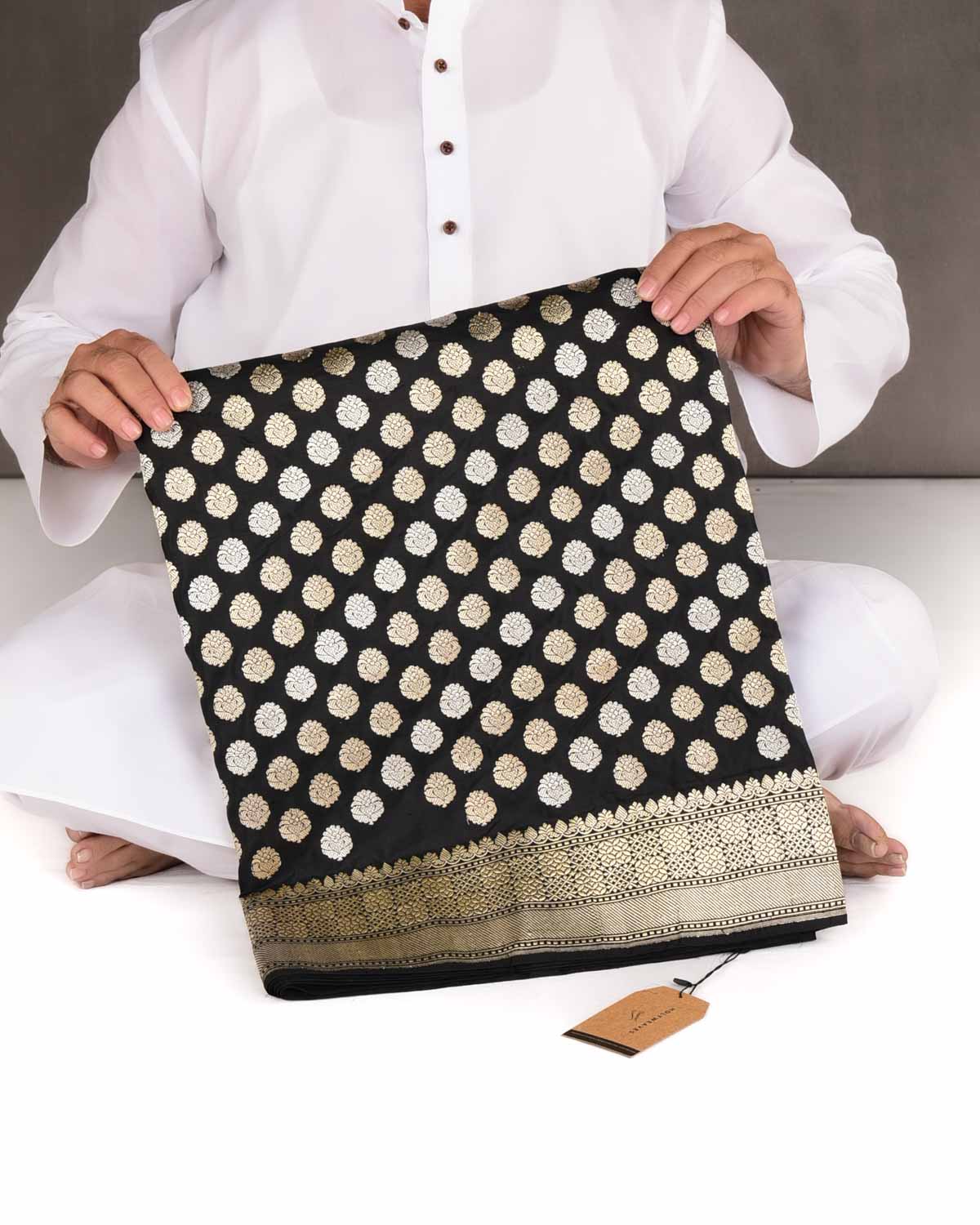 Black Gold & Silver Zari Kadhuan Brocade Handwoven Katan Silk Banarasi Saree-HolyWeaves