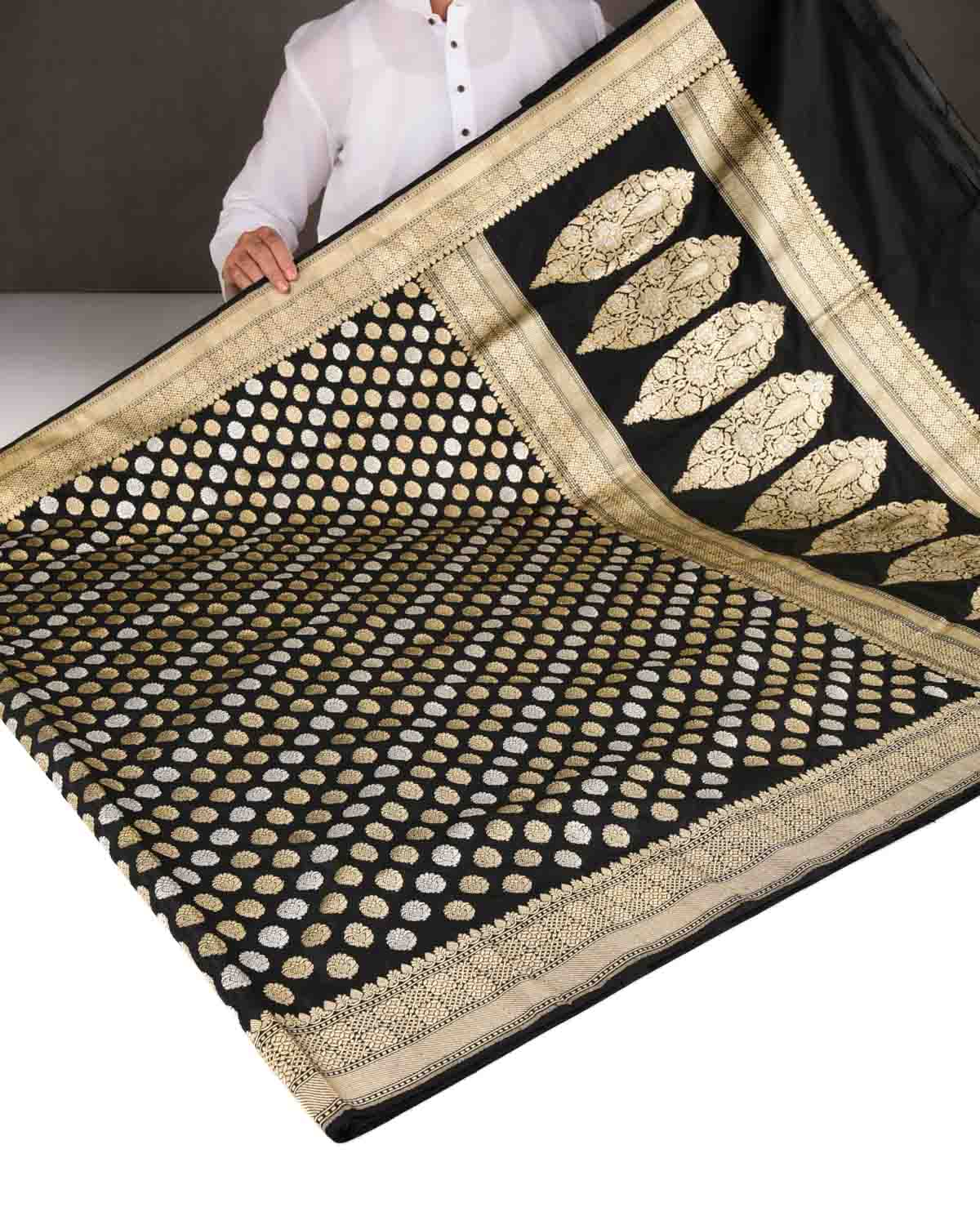 Black Gold & Silver Zari Kadhuan Brocade Handwoven Katan Silk Banarasi Saree-HolyWeaves