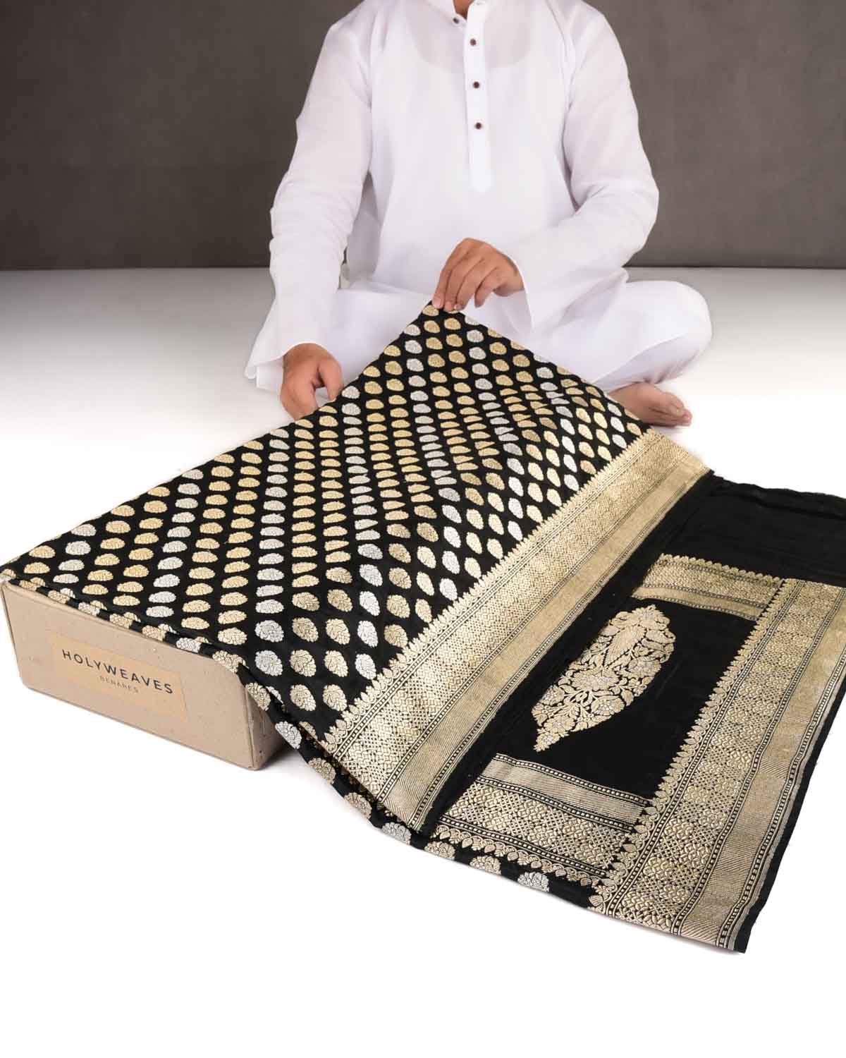 Black Gold & Silver Zari Kadhuan Brocade Handwoven Katan Silk Banarasi Saree-HolyWeaves