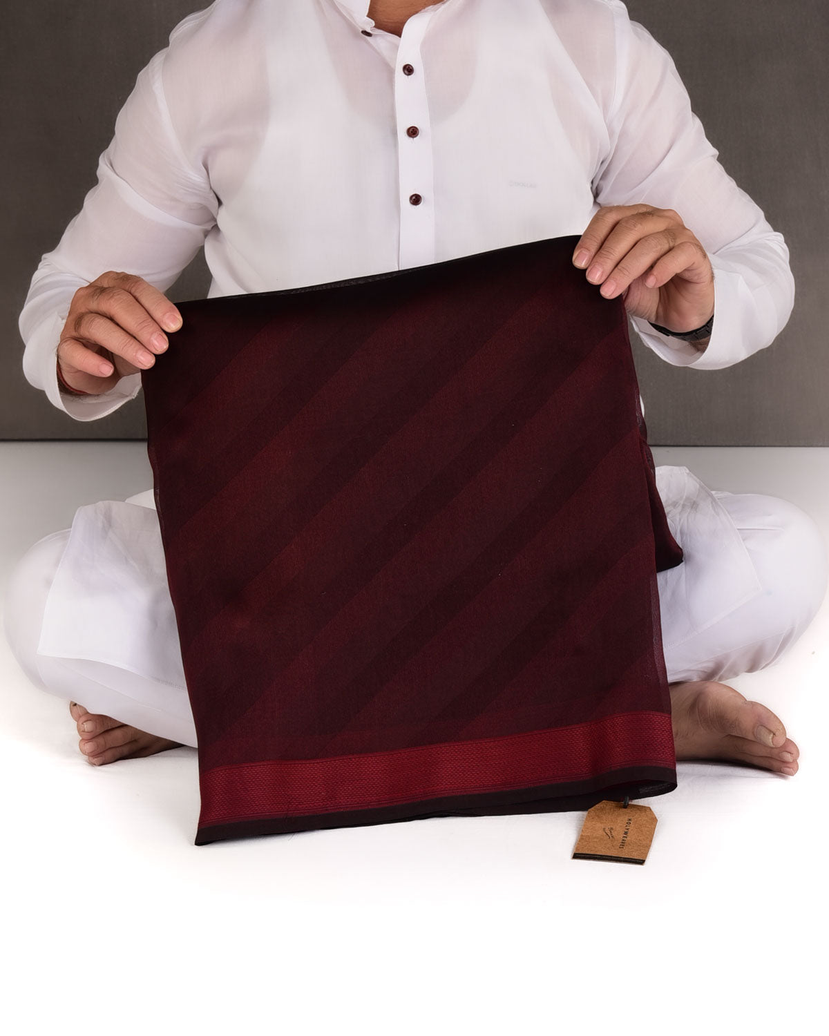 Burgundy Diagonal Stripes WATERMARK Tanchoi Handwoven Kora Silk Banarasi Saree-HolyWeaves