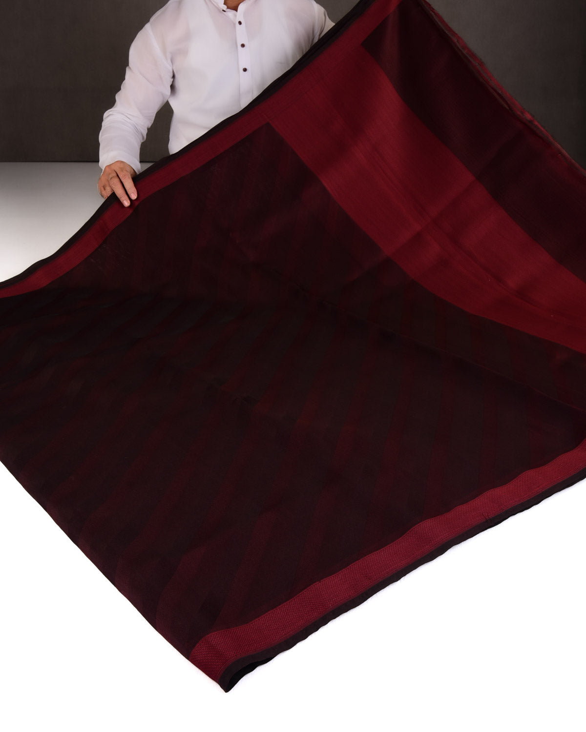 Burgundy Diagonal Stripes WATERMARK Tanchoi Handwoven Kora Silk Banarasi Saree-HolyWeaves