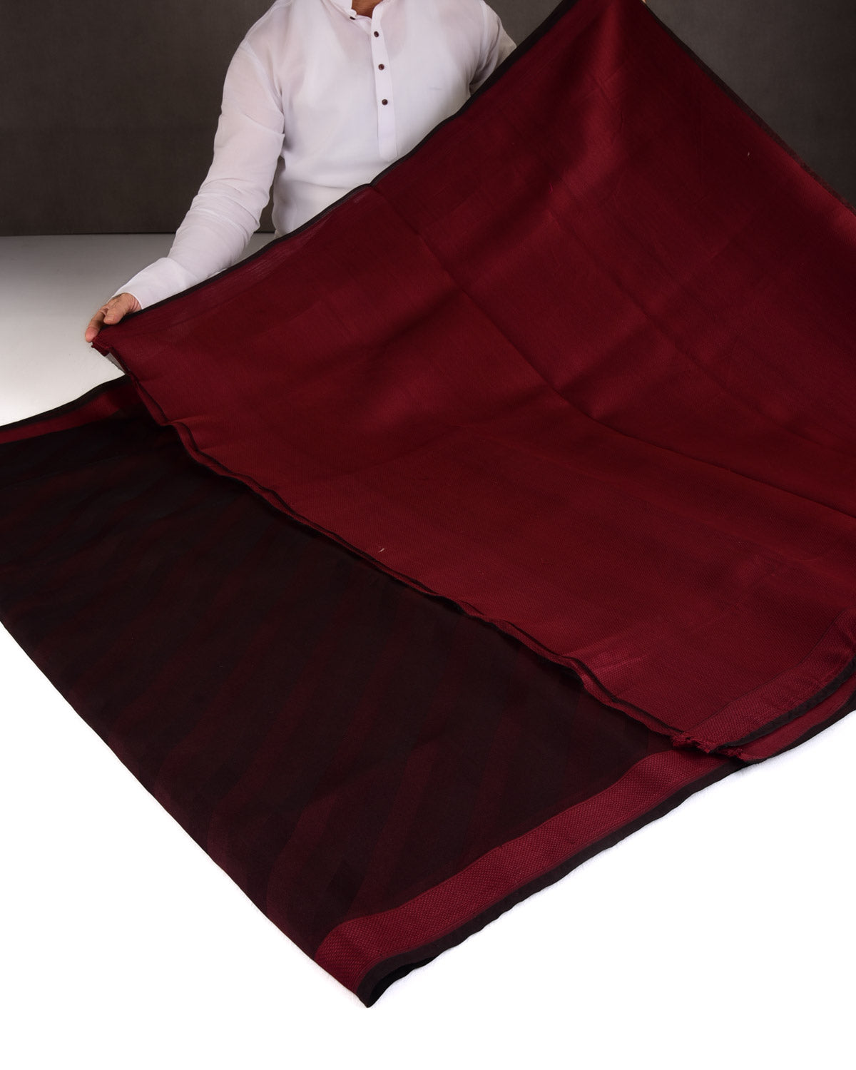 Burgundy Diagonal Stripes WATERMARK Tanchoi Handwoven Kora Silk Banarasi Saree-HolyWeaves