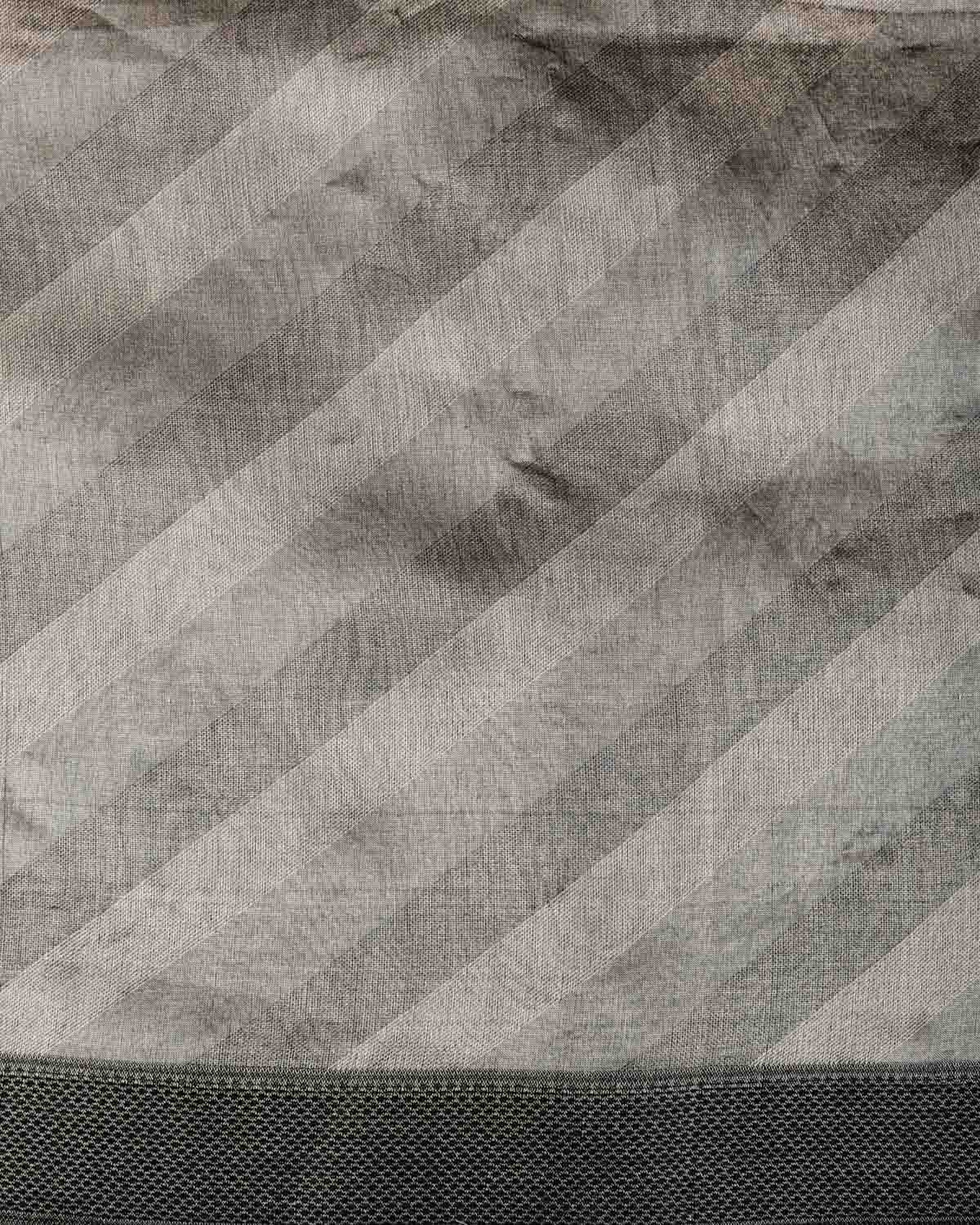 Metallic Silver Gray WATERMARK Diagonal Stripes Tanchoi Handwoven Kora Silk Banarasi Saree-HolyWeaves