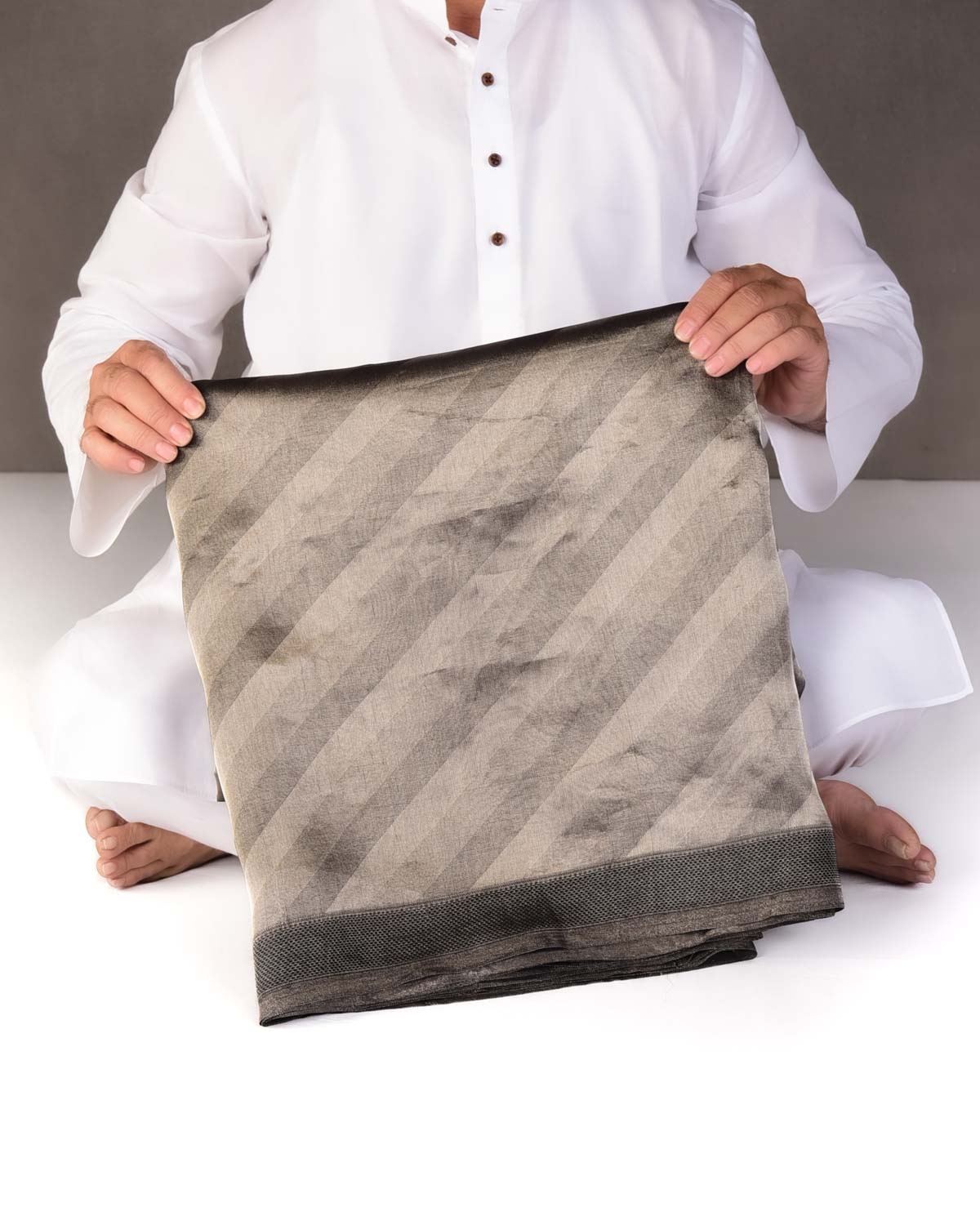 Metallic Silver Gray WATERMARK Diagonal Stripes Tanchoi Handwoven Kora Silk Banarasi Saree-HolyWeaves