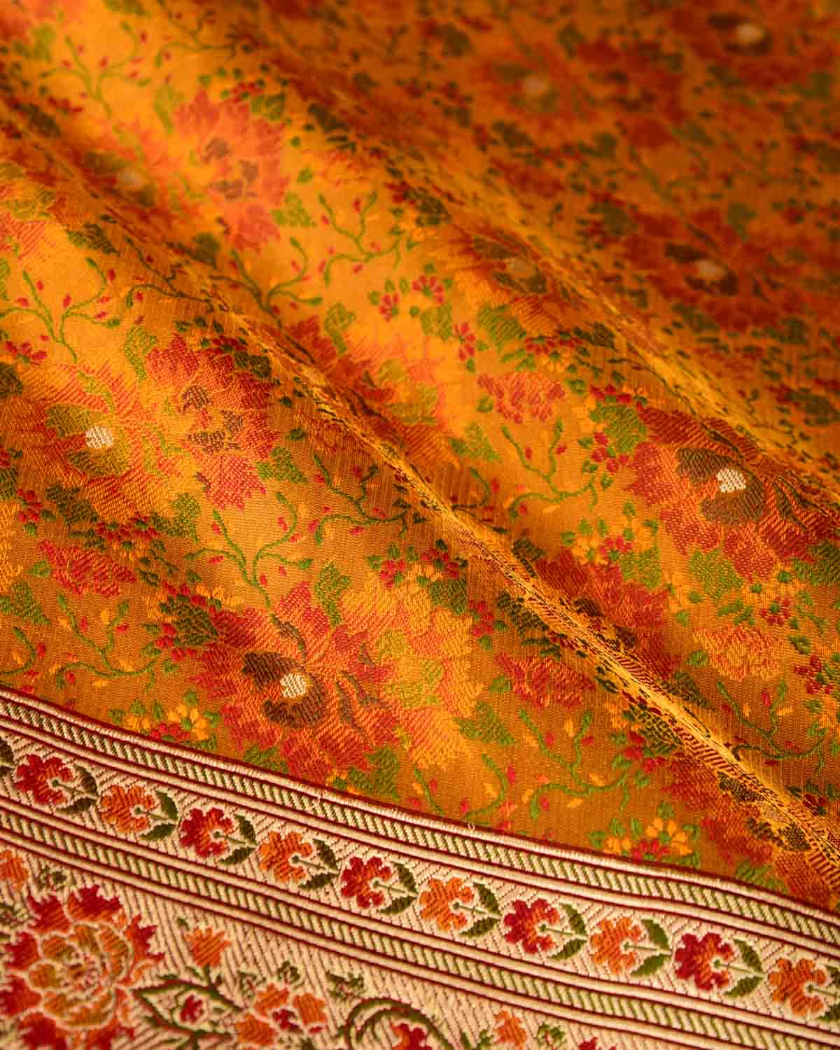 Mustard Yellow Chauhara Satin Tanchoi Jamawar Brocade Handwoven Katan Silk Banarasi Saree with Gold Zari Border Pallu-HolyWeaves