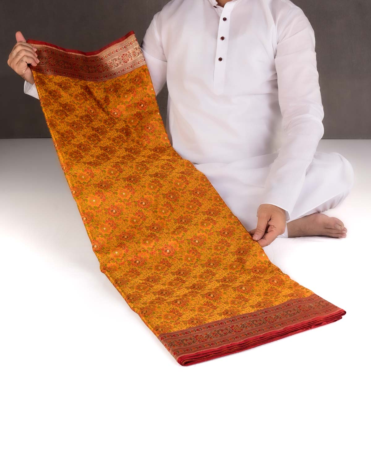 Mustard Yellow Chauhara Satin Tanchoi Jamawar Brocade Handwoven Katan Silk Banarasi Saree with Gold Zari Border Pallu-HolyWeaves