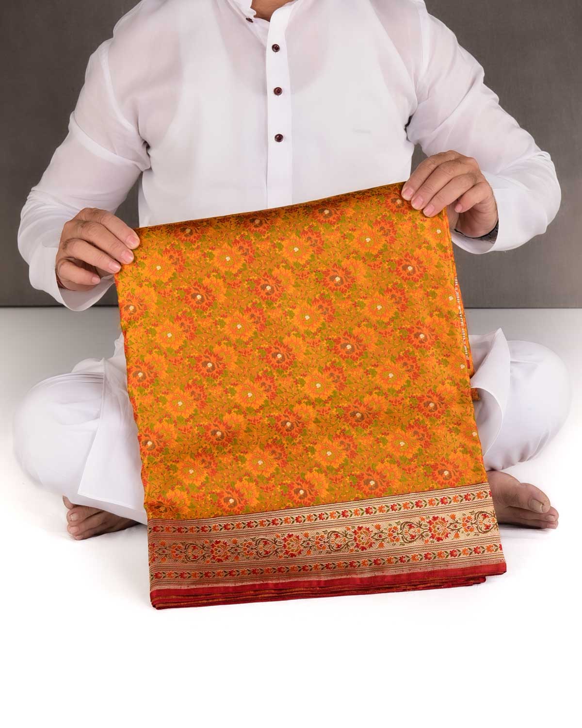 Mustard Yellow Chauhara Satin Tanchoi Jamawar Brocade Handwoven Katan Silk Banarasi Saree with Gold Zari Border Pallu-HolyWeaves