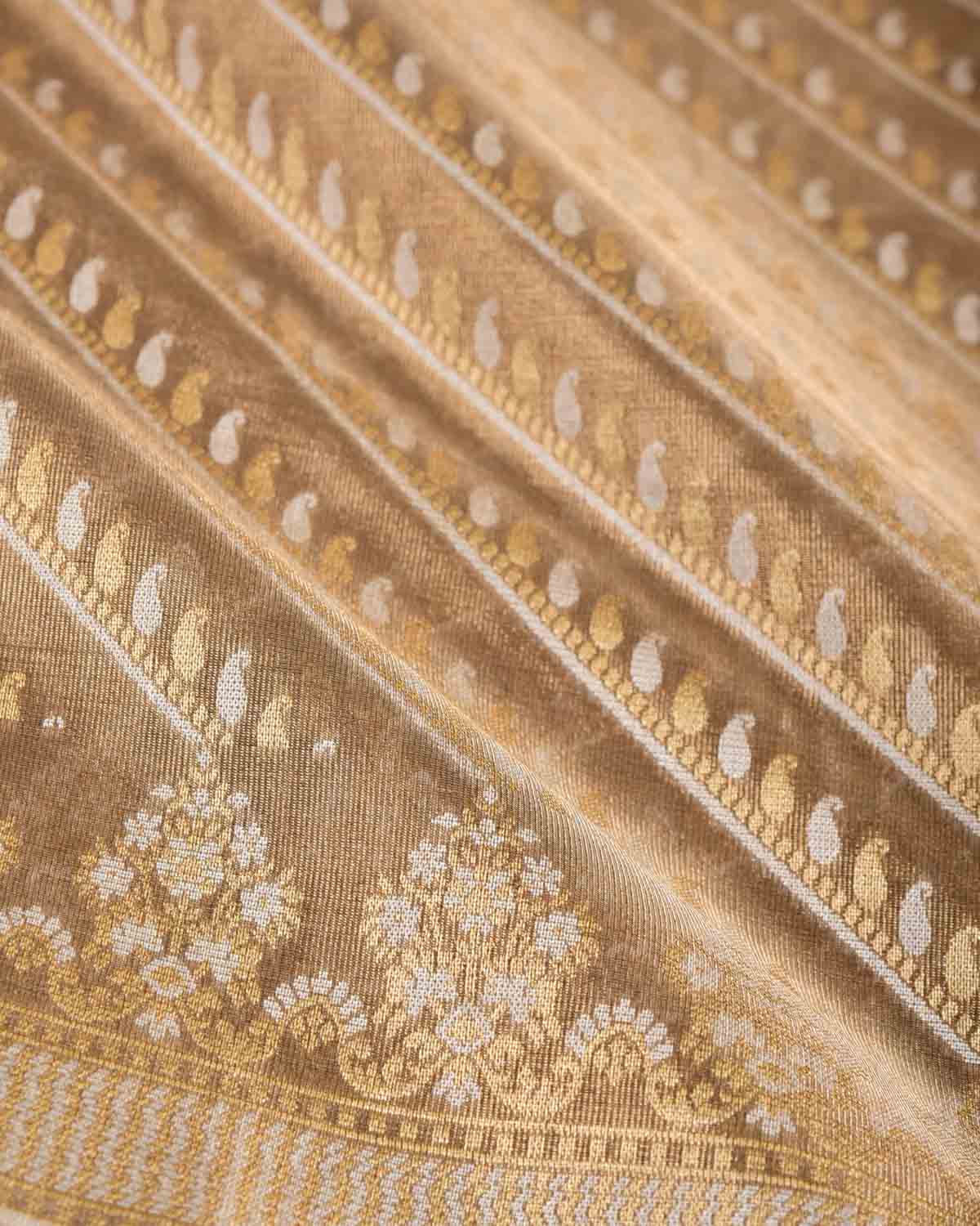 Metallic Antique Gold Zari & Resham Diagonal Paisleys Cutwork Brocade Woven Art Cotton Tissue Banarasi Saree-HolyWeaves