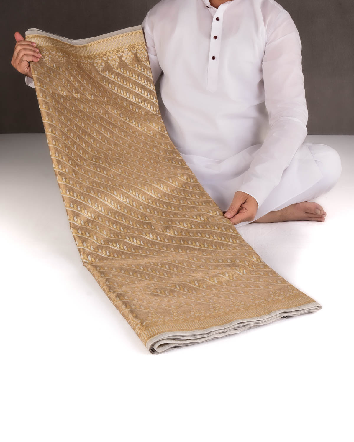 Metallic Antique Gold Zari & Resham Diagonal Paisleys Cutwork Brocade Woven Art Cotton Tissue Banarasi Saree-HolyWeaves