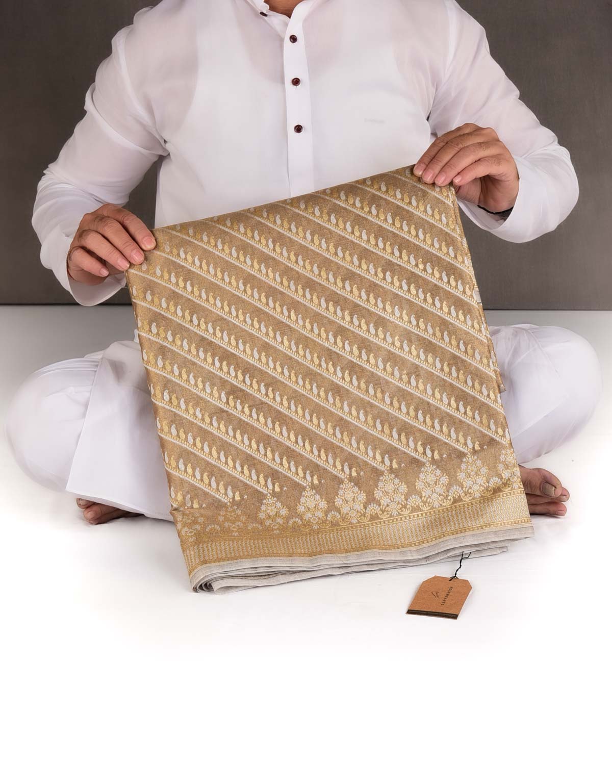 Metallic Antique Gold Zari & Resham Diagonal Paisleys Cutwork Brocade Woven Art Cotton Tissue Banarasi Saree-HolyWeaves