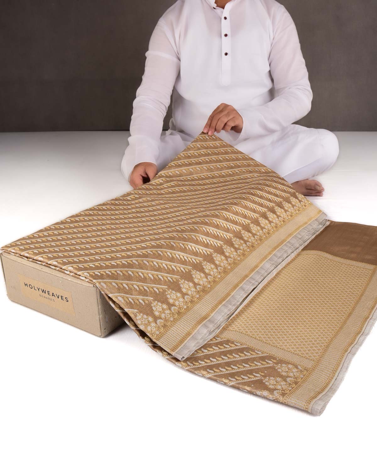 Metallic Antique Gold Zari & Resham Diagonal Paisleys Cutwork Brocade Woven Art Cotton Tissue Banarasi Saree-HolyWeaves