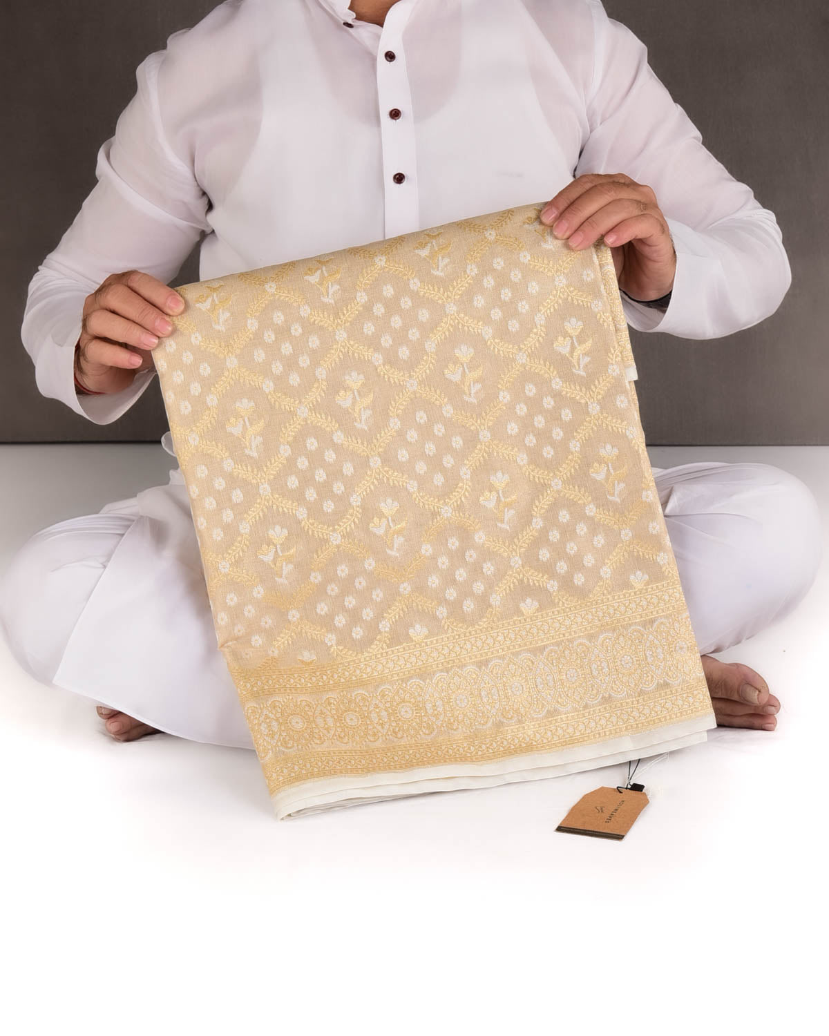 Metallic Beige Zari & Resham Jangla Cutwork Brocade Woven Art Cotton Tissue Banarasi Saree-HolyWeaves