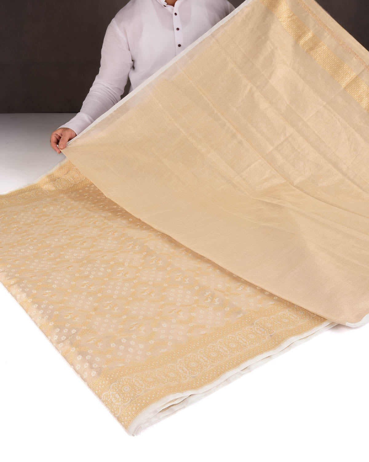 Metallic Beige Zari & Resham Jangla Cutwork Brocade Woven Art Cotton Tissue Banarasi Saree-HolyWeaves