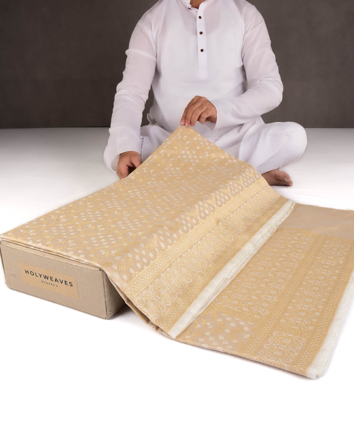 Metallic Beige Zari & Resham Jangla Cutwork Brocade Woven Art Cotton Tissue Banarasi Saree-HolyWeaves