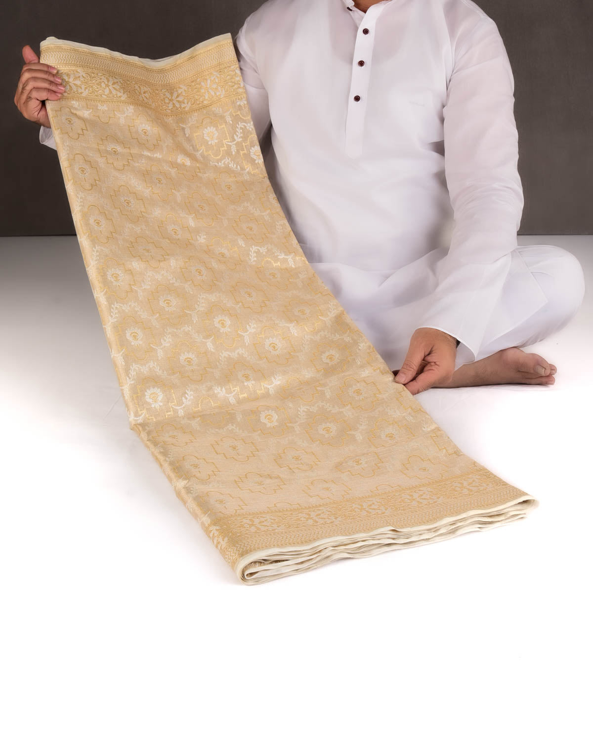 Metallic Cream Zari & Resham Jangla Cutwork Brocade Woven Art Cotton Tissue Banarasi Saree-HolyWeaves