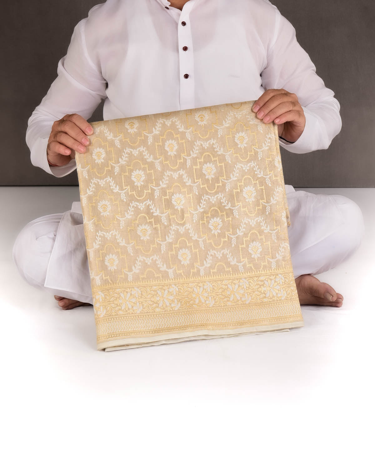 Metallic Cream Zari & Resham Jangla Cutwork Brocade Woven Art Cotton Tissue Banarasi Saree-HolyWeaves