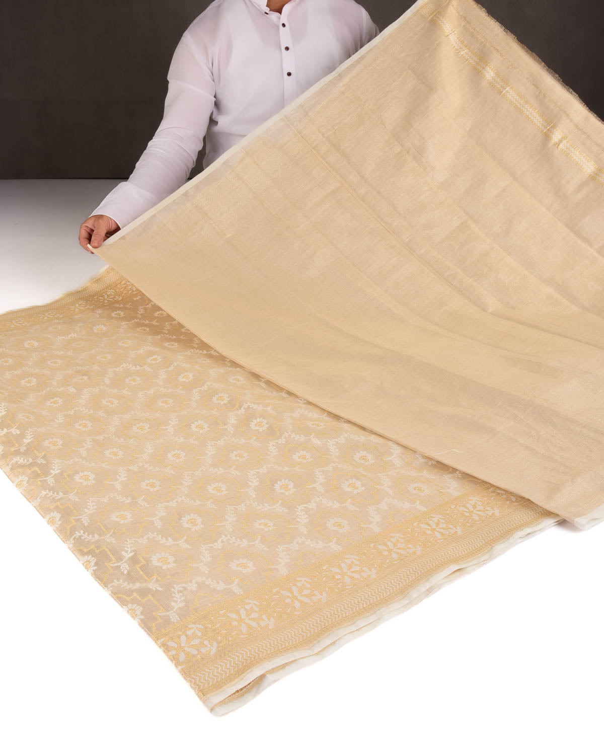 Metallic Cream Zari & Resham Jangla Cutwork Brocade Woven Art Cotton Tissue Banarasi Saree-HolyWeaves