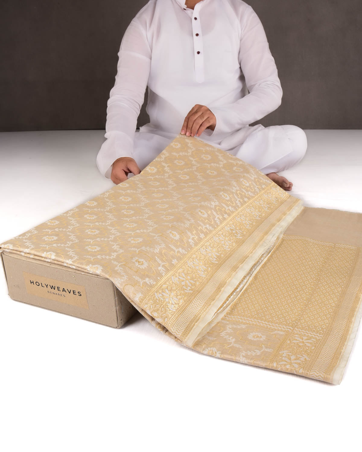 Metallic Cream Zari & Resham Jangla Cutwork Brocade Woven Art Cotton Tissue Banarasi Saree-HolyWeaves