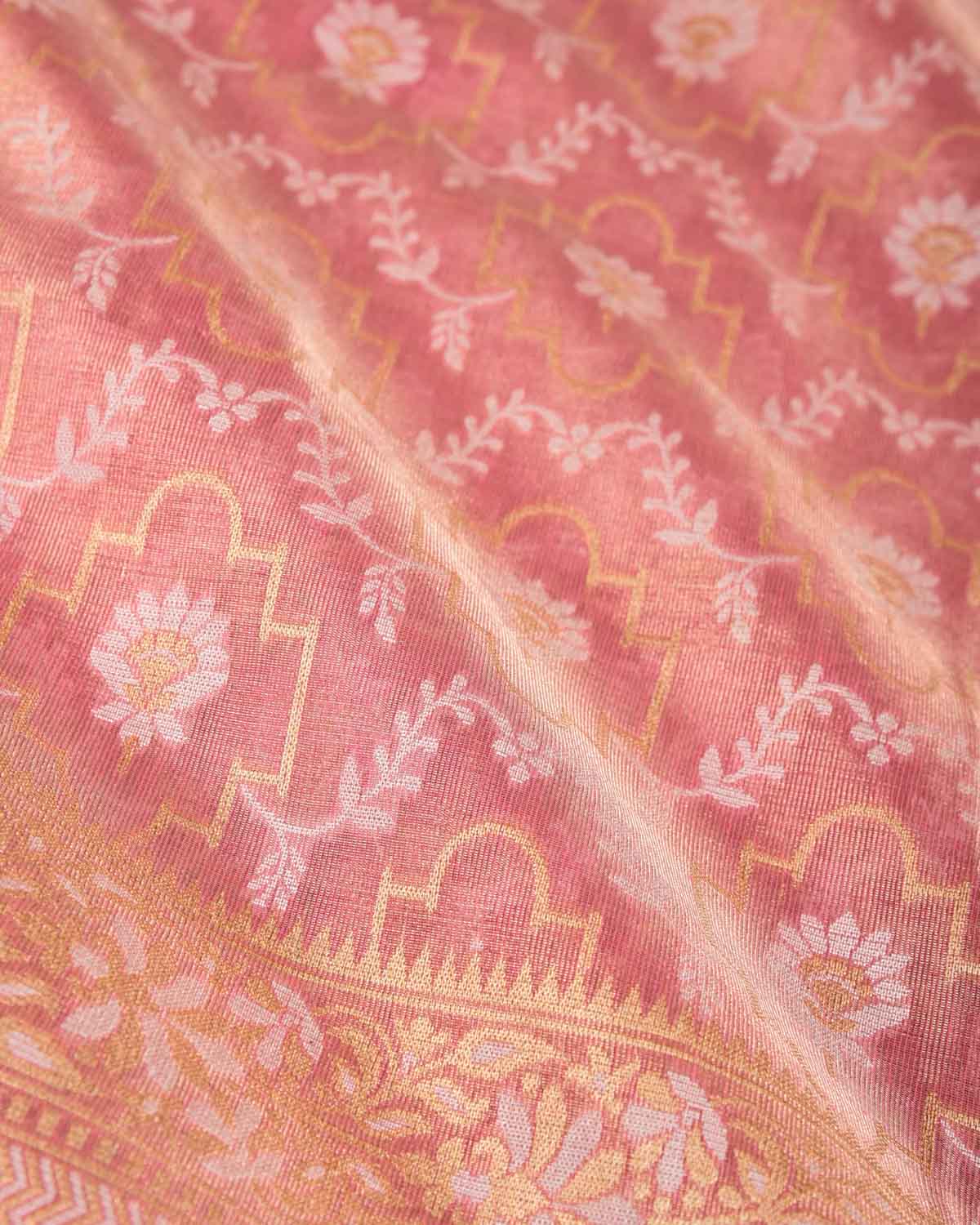 Metallic Pink Zari & Resham Jangla Cutwork Brocade Woven Art Cotton Tissue Banarasi Saree-HolyWeaves