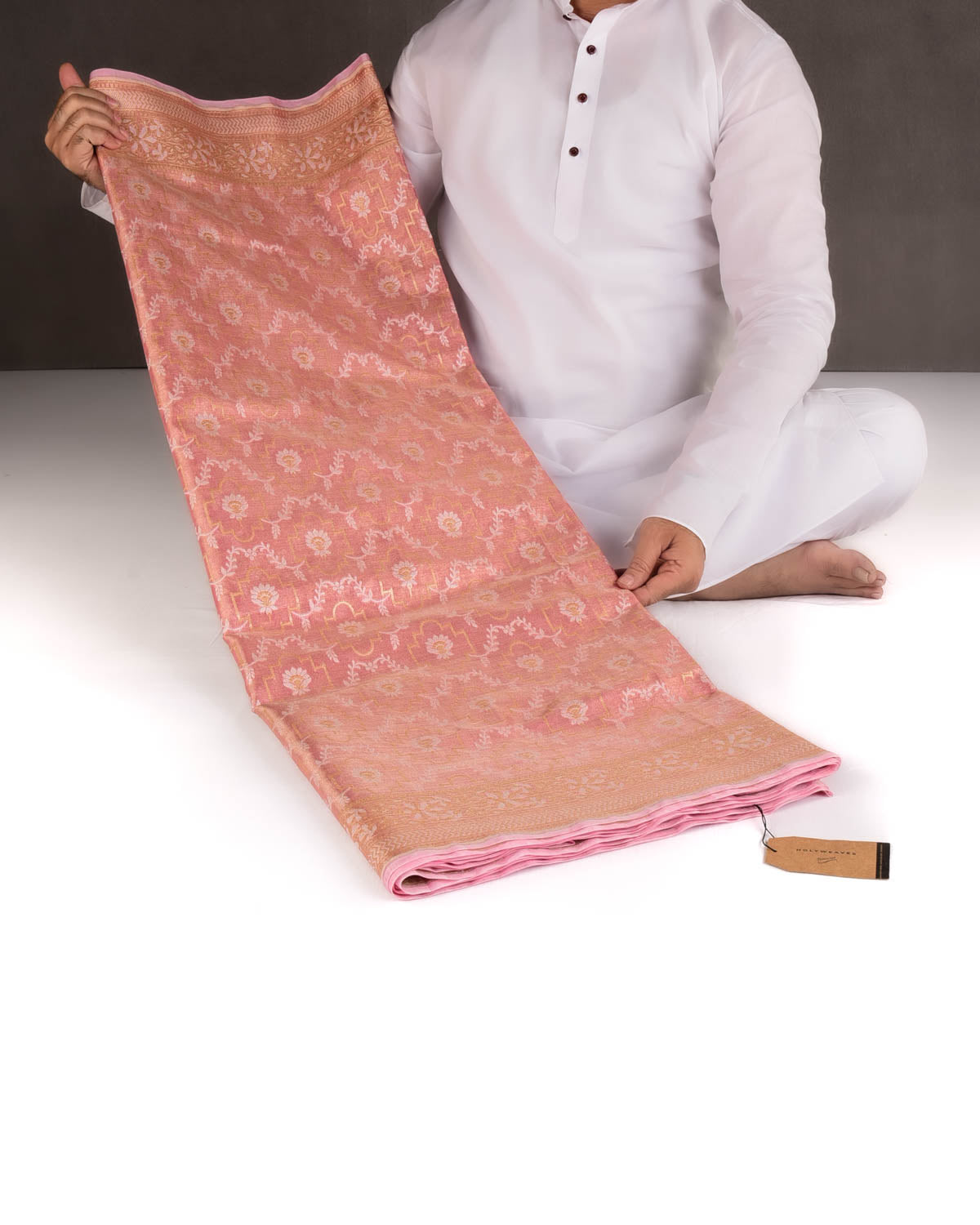 Metallic Pink Zari & Resham Jangla Cutwork Brocade Woven Art Cotton Tissue Banarasi Saree-HolyWeaves