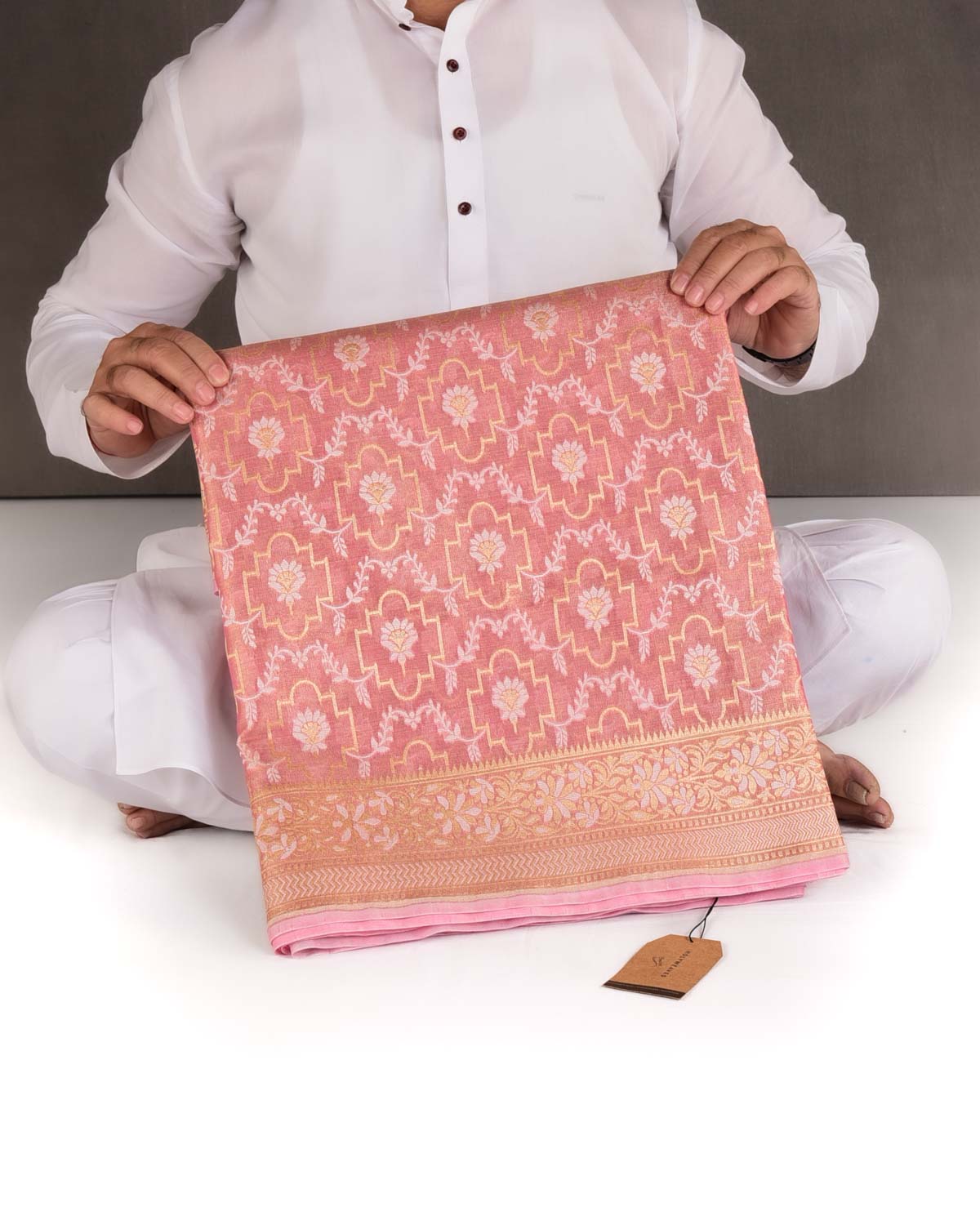 Metallic Pink Zari & Resham Jangla Cutwork Brocade Woven Art Cotton Tissue Banarasi Saree-HolyWeaves