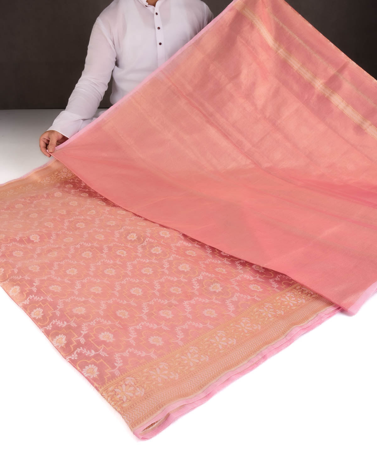 Metallic Pink Zari & Resham Jangla Cutwork Brocade Woven Art Cotton Tissue Banarasi Saree-HolyWeaves
