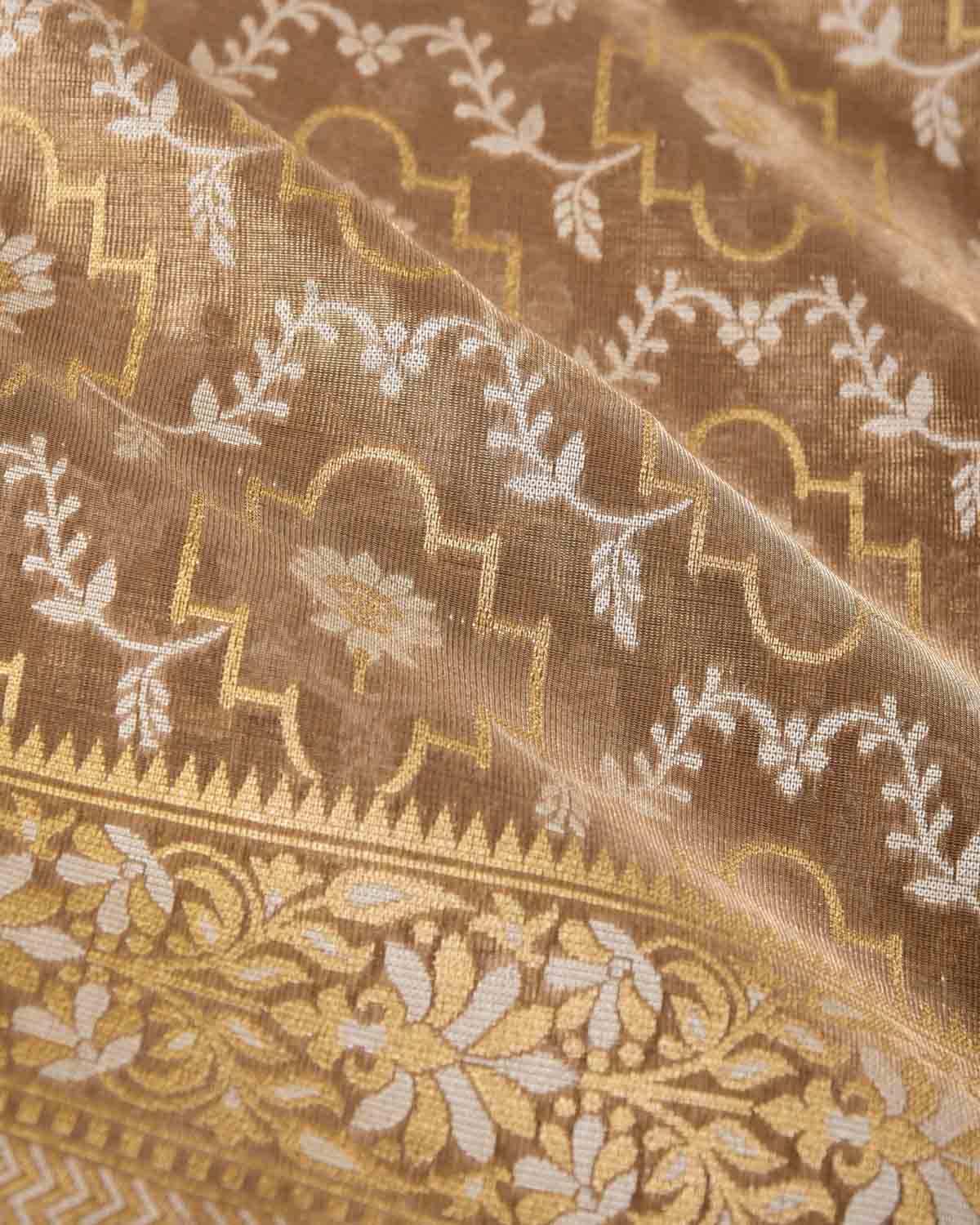 Metallic Antique Gold Zari & Resham Jangla Cutwork Brocade Woven Art Cotton Tissue Banarasi Saree-HolyWeaves