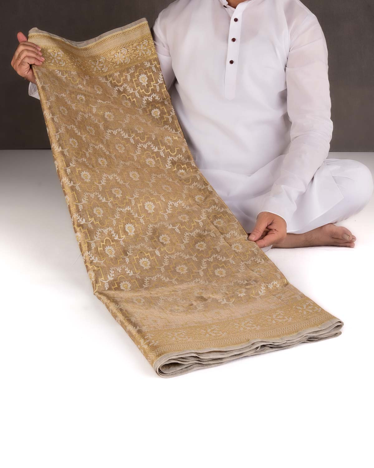 Metallic Antique Gold Zari & Resham Jangla Cutwork Brocade Woven Art Cotton Tissue Banarasi Saree-HolyWeaves
