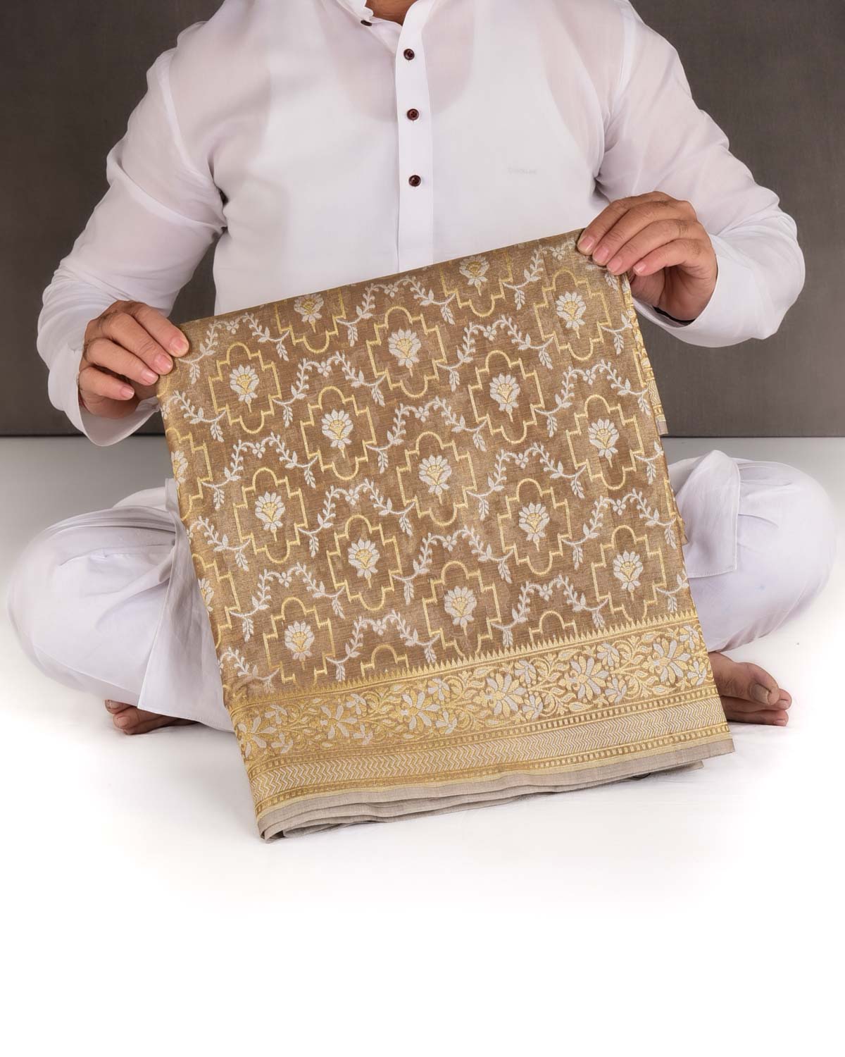 Metallic Antique Gold Zari & Resham Jangla Cutwork Brocade Woven Art Cotton Tissue Banarasi Saree-HolyWeaves