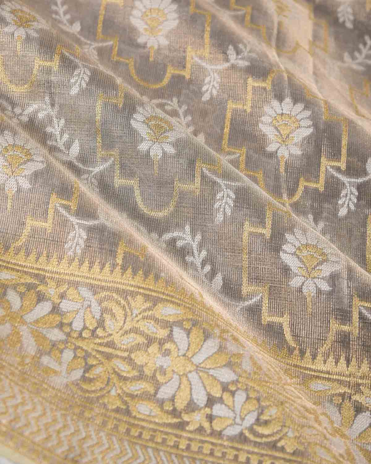 Metallic Gray Zari & Resham Jangla Cutwork Brocade Woven Art Cotton Tissue Banarasi Saree-HolyWeaves