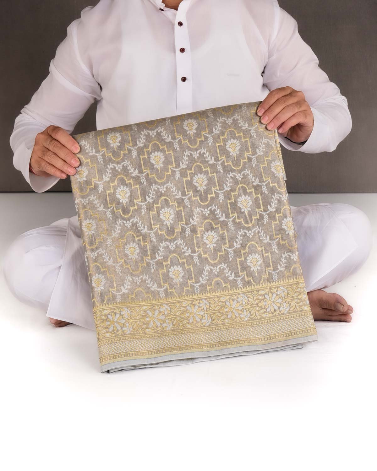 Metallic Gray Zari & Resham Jangla Cutwork Brocade Woven Art Cotton Tissue Banarasi Saree-HolyWeaves