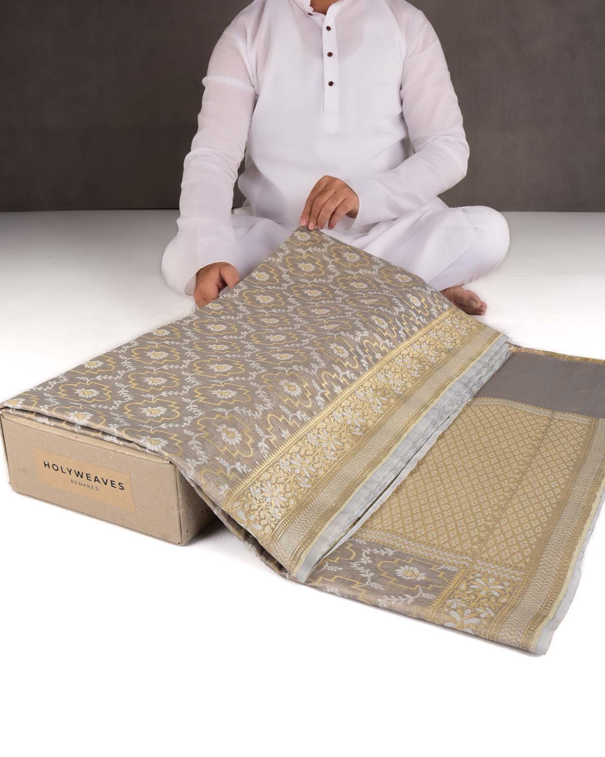 Metallic Gray Zari & Resham Jangla Cutwork Brocade Woven Art Cotton Tissue Banarasi Saree-HolyWeaves