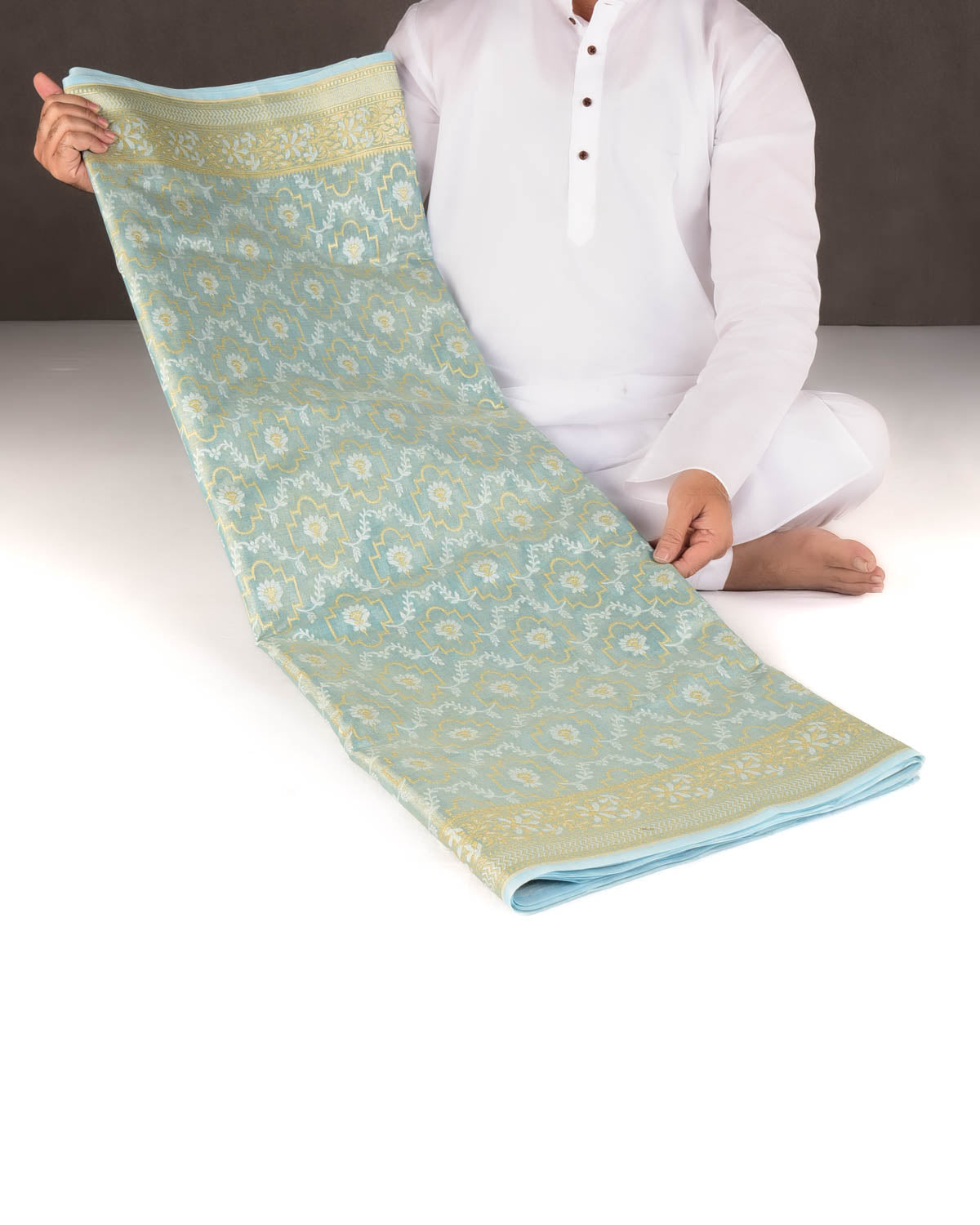 Metallic Blue Zari & Resham Jangla Cutwork Brocade Woven Art Cotton Tissue Banarasi Saree-HolyWeaves