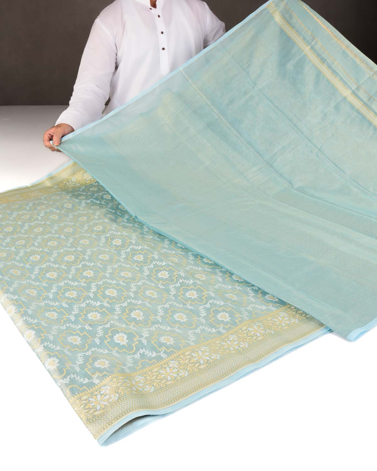 Metallic Blue Zari & Resham Jangla Cutwork Brocade Woven Art Cotton Tissue Banarasi Saree-HolyWeaves
