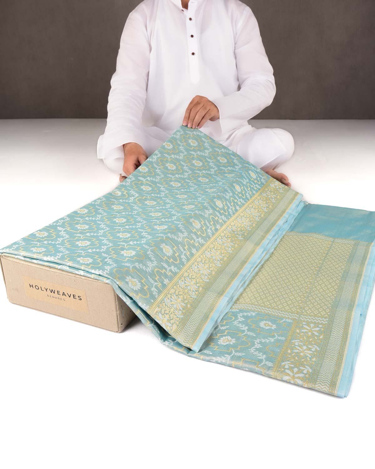 Metallic Blue Zari & Resham Jangla Cutwork Brocade Woven Art Cotton Tissue Banarasi Saree-HolyWeaves