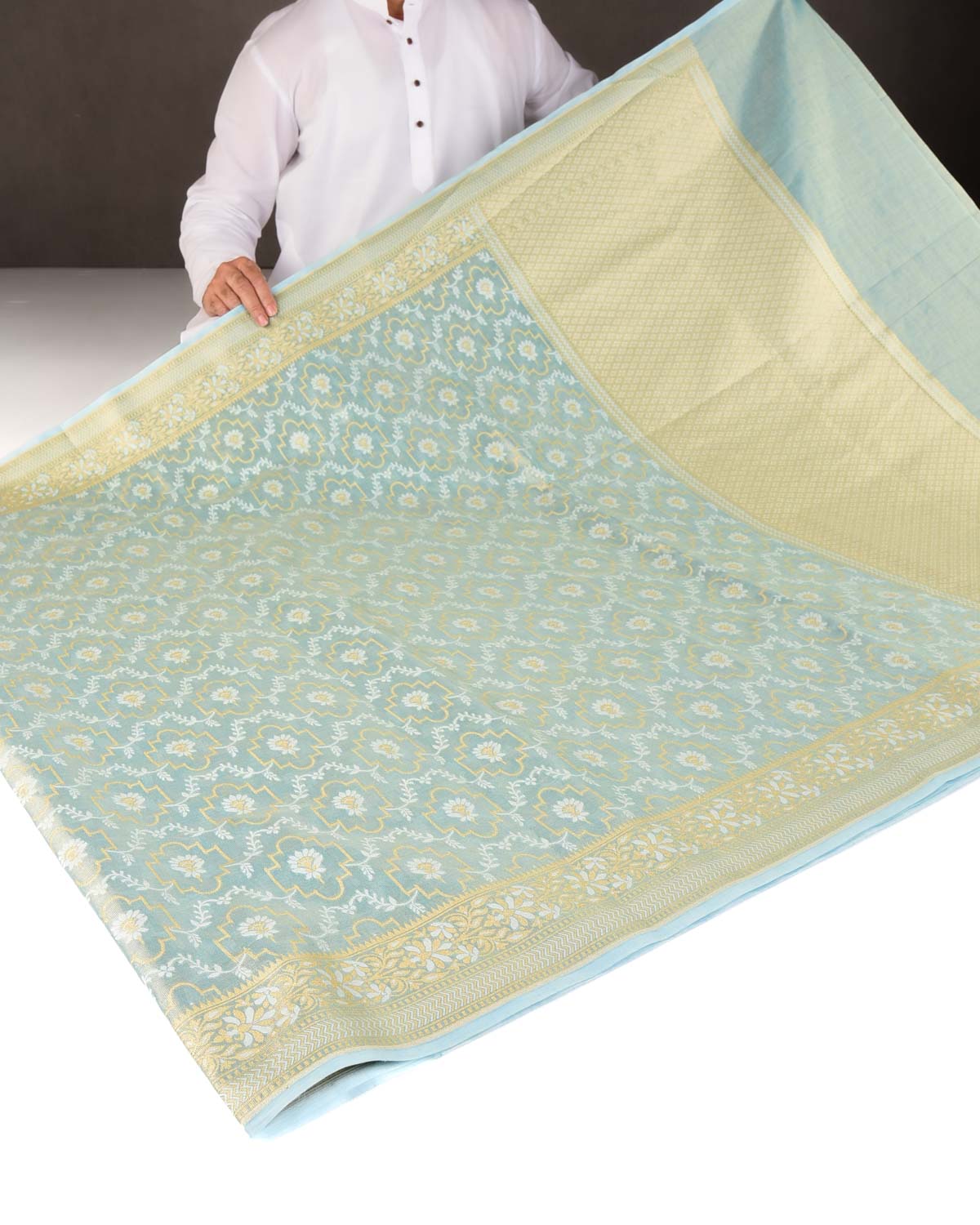 Metallic Blue Zari & Resham Jangla Cutwork Brocade Woven Art Cotton Tissue Banarasi Saree-HolyWeaves