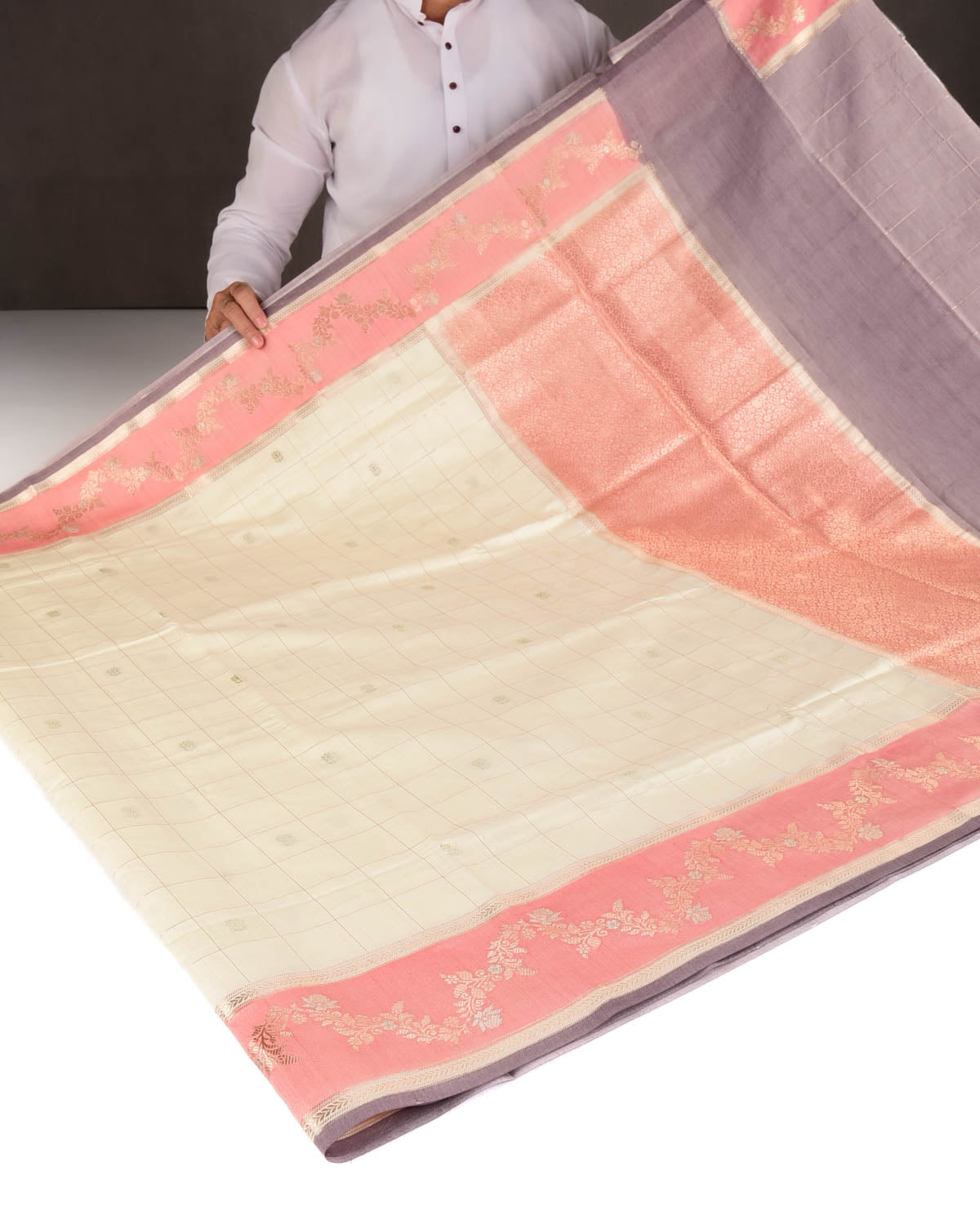 Cream Chequered Buti Cutwork Brocade Woven Spun Silk Banarasi Saree with Pink Border Pallu-HolyWeaves