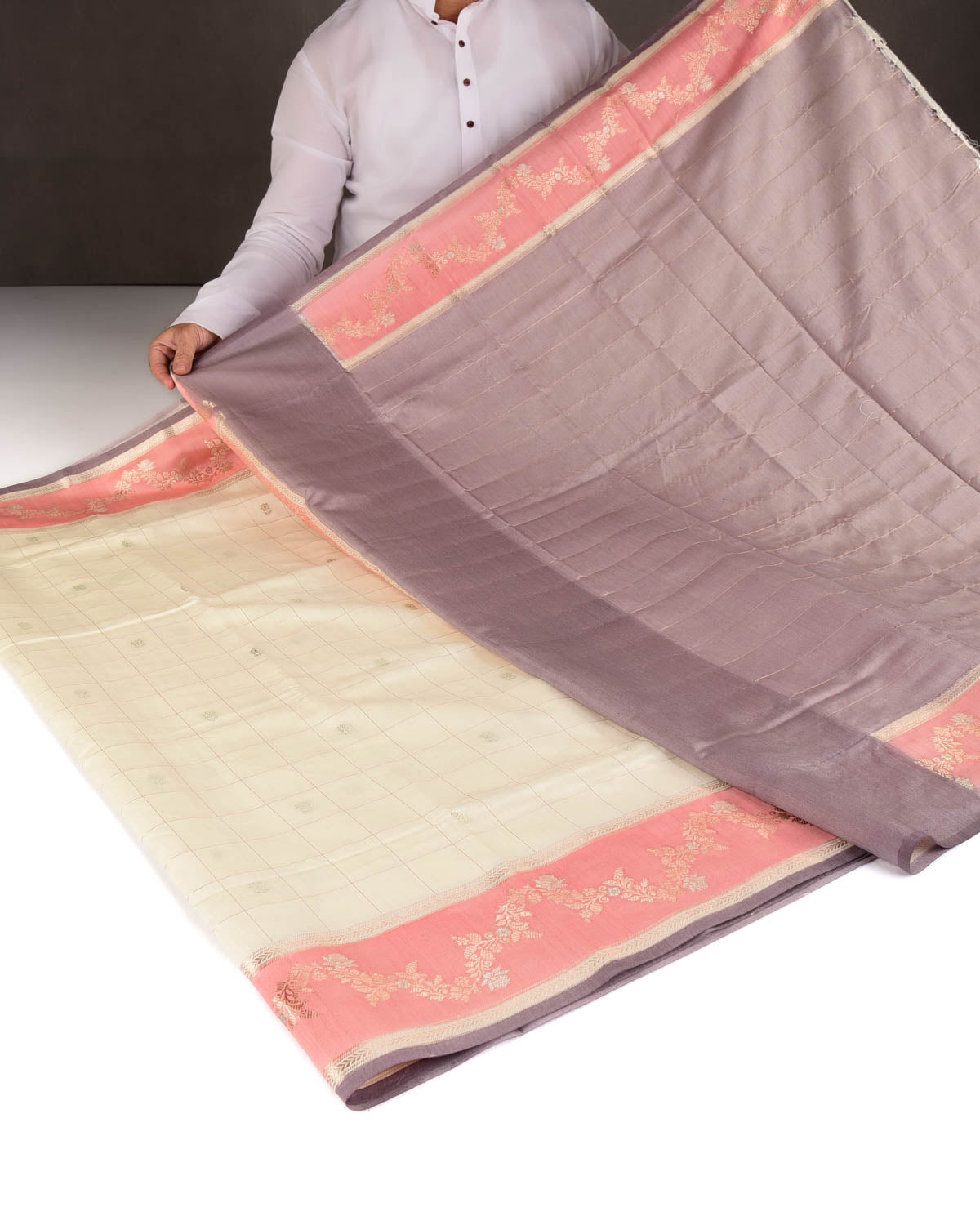 Cream Chequered Buti Cutwork Brocade Woven Spun Silk Banarasi Saree with Pink Border Pallu-HolyWeaves
