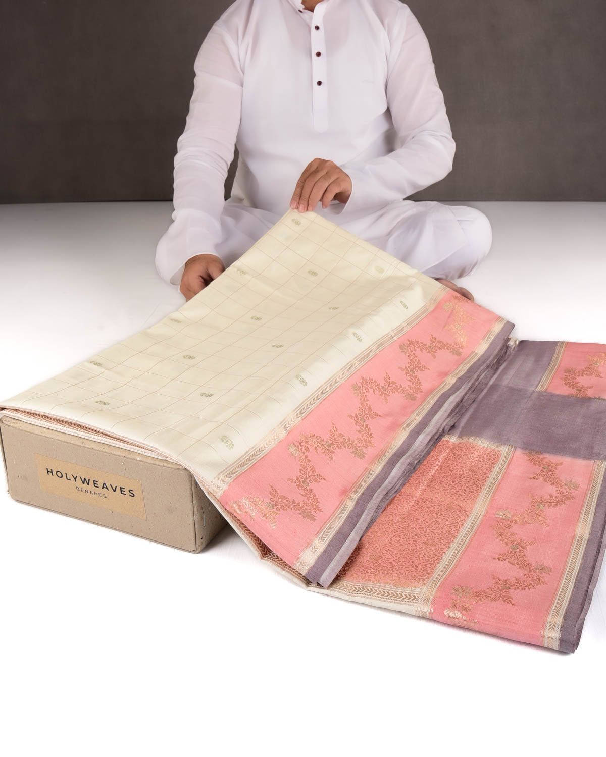 Cream Chequered Buti Cutwork Brocade Woven Spun Silk Banarasi Saree with Pink Border Pallu-HolyWeaves