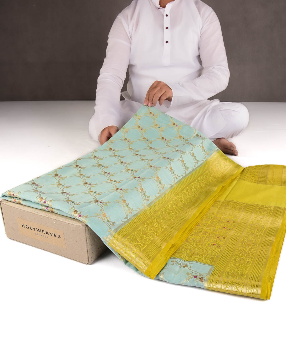 Blue Gold Zari & Meenekari Jaal Cutwork Brocade Woven Spun Silk Banarasi Saree with Green Border Pallu-HolyWeaves