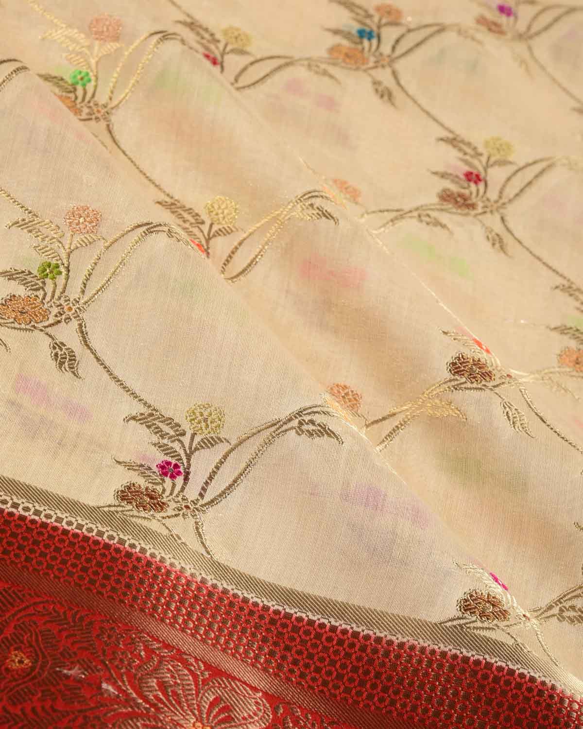 Cream Gold Zari & Meenekari Jaal Cutwork Brocade Woven Spun Silk Banarasi Saree with Red Border Pallu-HolyWeaves