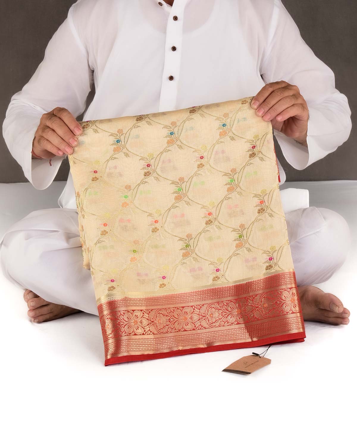 Cream Gold Zari & Meenekari Jaal Cutwork Brocade Woven Spun Silk Banarasi Saree with Red Border Pallu-HolyWeaves