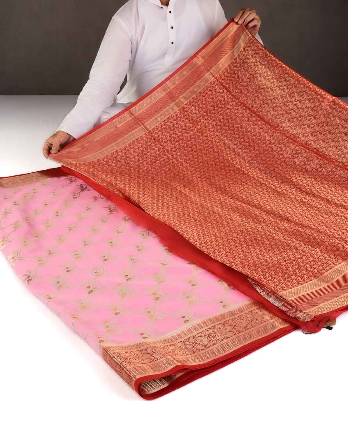 Pink Gold Zari & Meenekari Jaal Cutwork Brocade Woven Spun Silk Banarasi Saree with Red Border Pallu-HolyWeaves