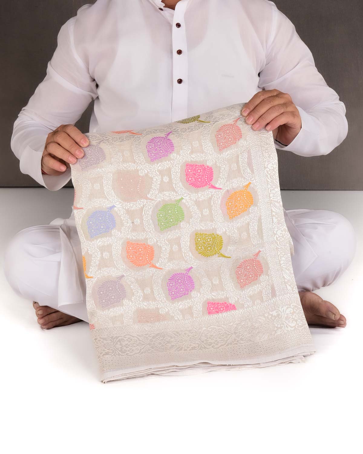 Beige Silver Zari And Meenekari Cutwork Brocade Handwoven Tasar Georgette Banarasi Saree-HolyWeaves