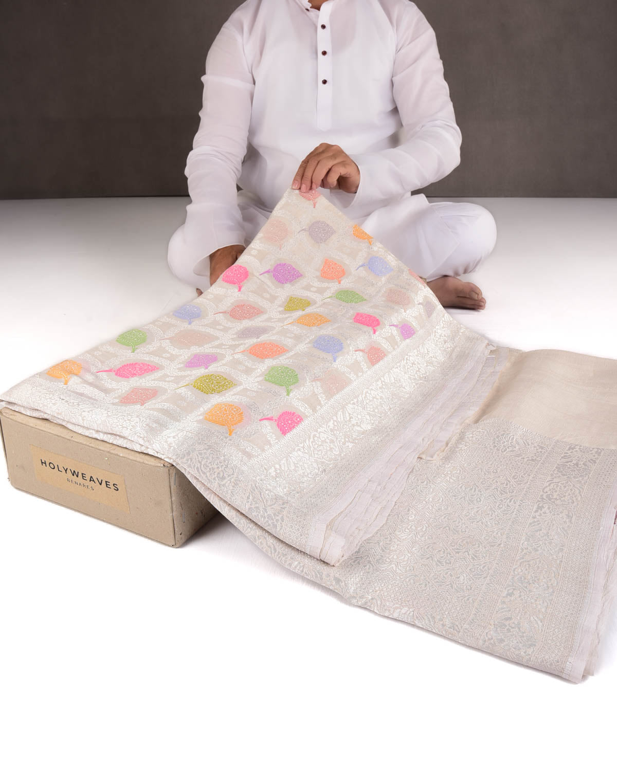 Beige Silver Zari And Meenekari Cutwork Brocade Handwoven Tasar Georgette Banarasi Saree-HolyWeaves